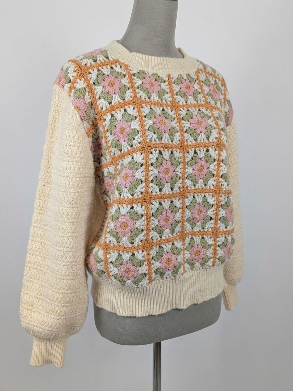 BiBi Cream Crochet Floral Grid Crewneck Sweater with Pink and Green Flowers